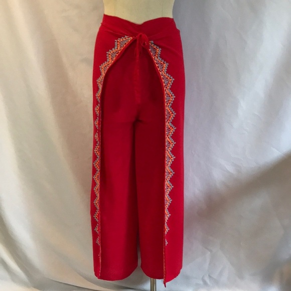 Red cotton wide leg summer pants. size M Bohemian, 60's 70's boho, gypsy hippie - Picture 1 of 14